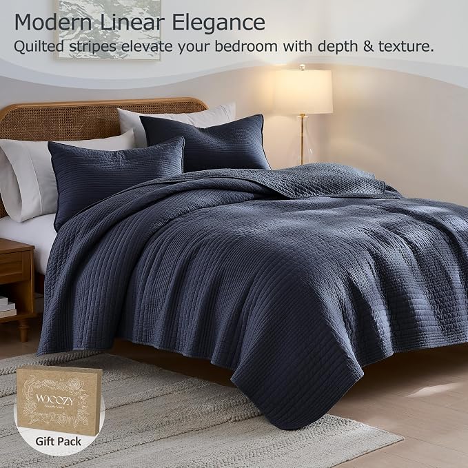 palassio Striped Navy Blue 100% Cotton Quilt Twin Size Bedding Sets, - Image 2