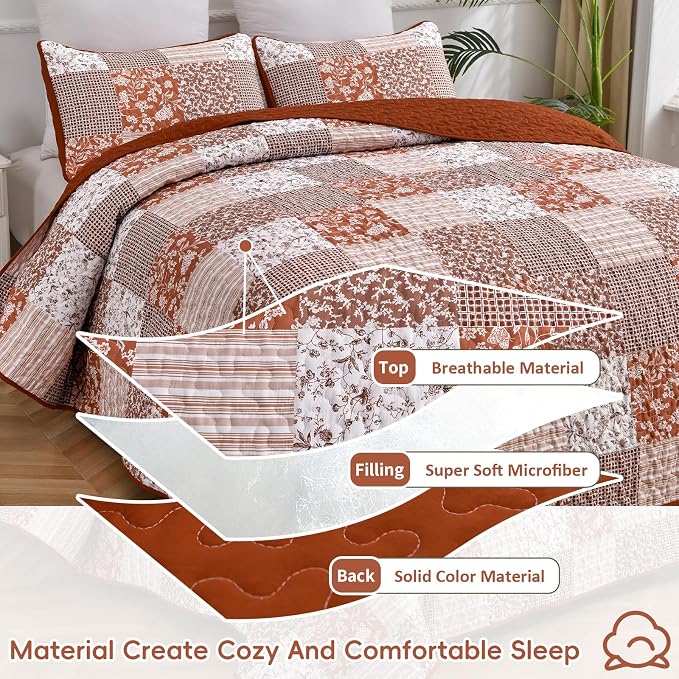 Mybedsoul Burnt Orange Quilt Set Queen Size, 3 Pieces Boho Plaid Terracotta - Image 3