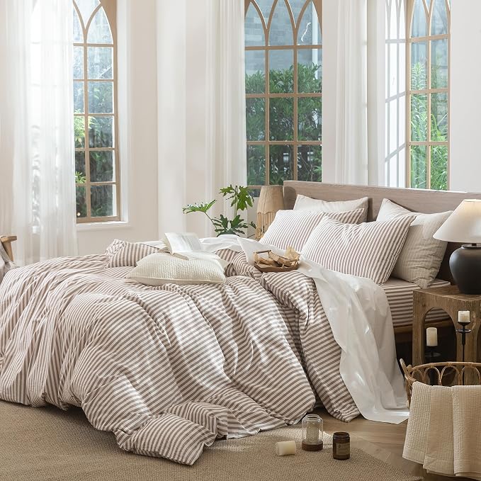 MooMee Striped Duvet Cover Set 100% Washed Cotton Linen Like Textured - Image 3