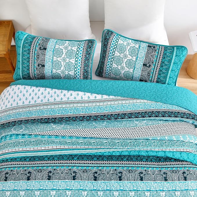 WONGS BEDDING Boho Quilt Set Queen Size, Teal 3 Pieces Bohemian Striped - Image 6