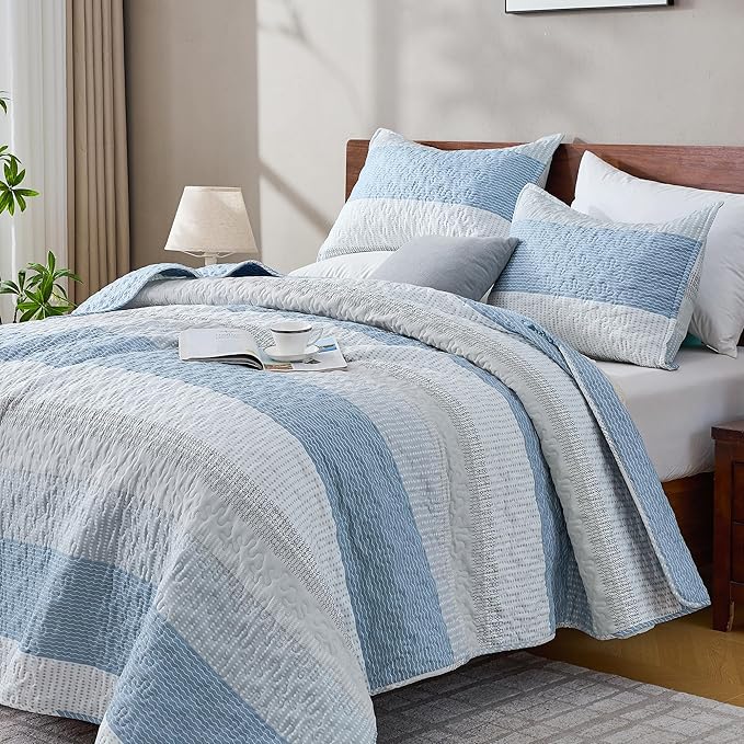 Andency Queen Quilt Bedding Set Misty Blue, 3 Pieces Patchwork Summer Striped by Andency