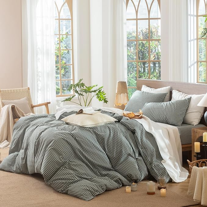 MooMee Gingham Duvet Cover Set 100% Washed Cotton Linen Like Textured - Image 3