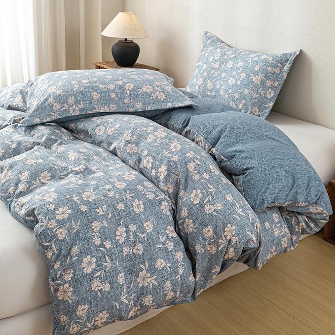 OAITE Blue Flower Queen Size Duvet Cover-3 Pieces Prewashed Cotton-Like - Image 2