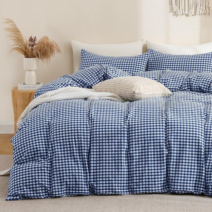 TOCOMOA Navy Blue Gingham Duvet Cover Bedding Set 100% Washed Cotton Like Linen by TOCOMOA