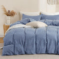 TOCOMOA Navy Blue Gingham Duvet Cover Bedding Set 100% Washed Cotton Like Linen by TOCOMOA