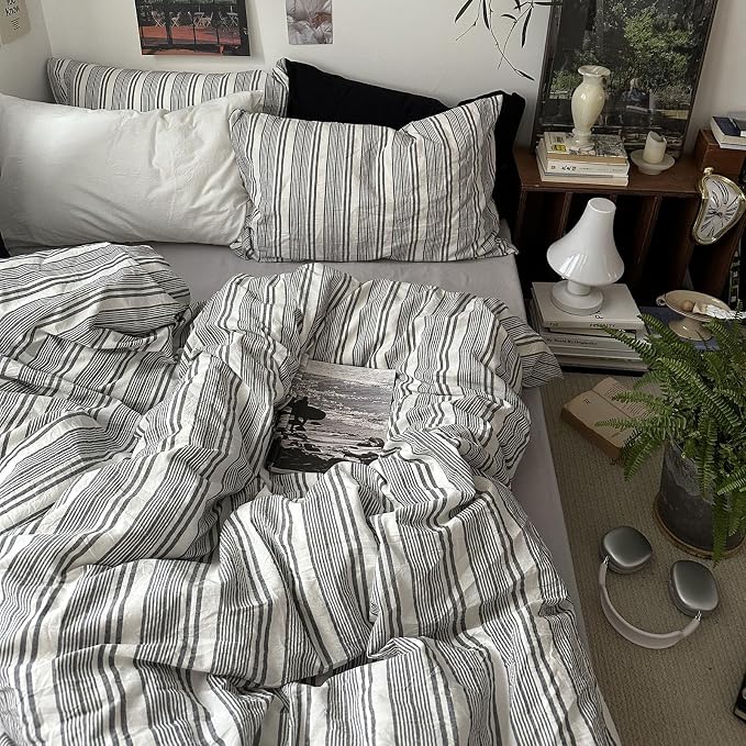 mixinni Vintage Gray & White Striped Duvet Cover Set - Image 5