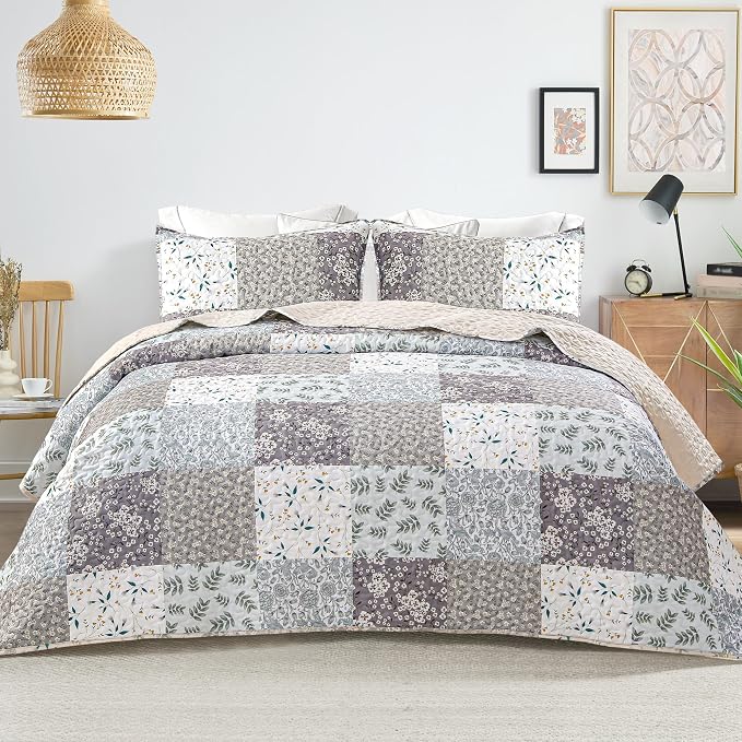 Whale Flotilla Patchwork Quilt King Size, Extra Soft Boho Floral Bedspreads by WHALEFLOTILLA