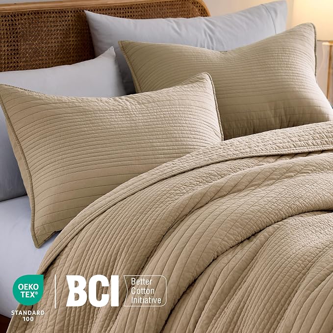 palassio Striped Dark Beige 100% Cotton Quilt Queen Size Bedding Sets, - Image 3