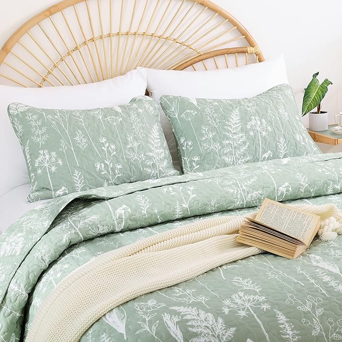 JANZAA Quilts Queen Size Sage Green Quilt Botanical - Image 3