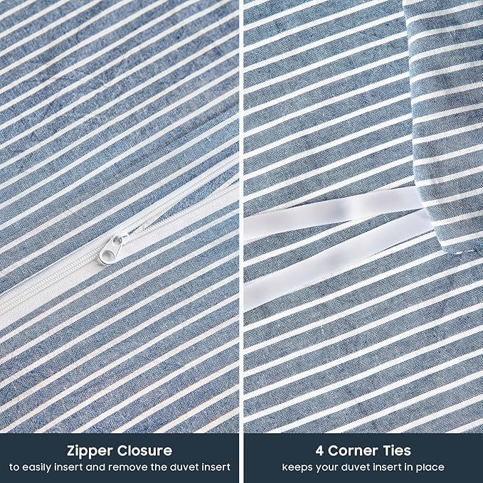Wake In Cloud - Striped Cotton Duvet Cover Set, 100% Washed Cotton Textured - Image 7