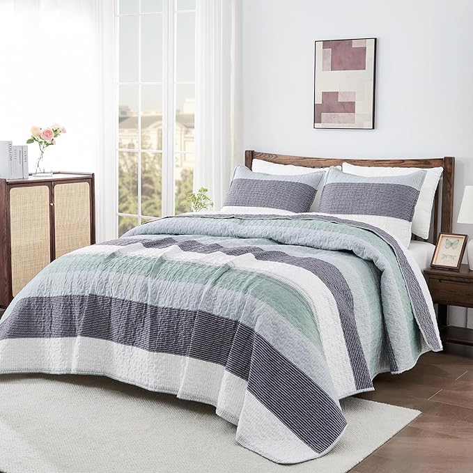 Andency Stripe Quilt Set Twin, 2 Pieces Mint Green Patchwork Striped Bedspread - Image 6