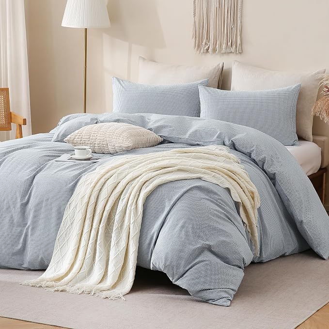 TOCOMOA Mini Gingham Blue Duvet Cover Bedding Set 100% Washed Cotton Like Linen - Image 2