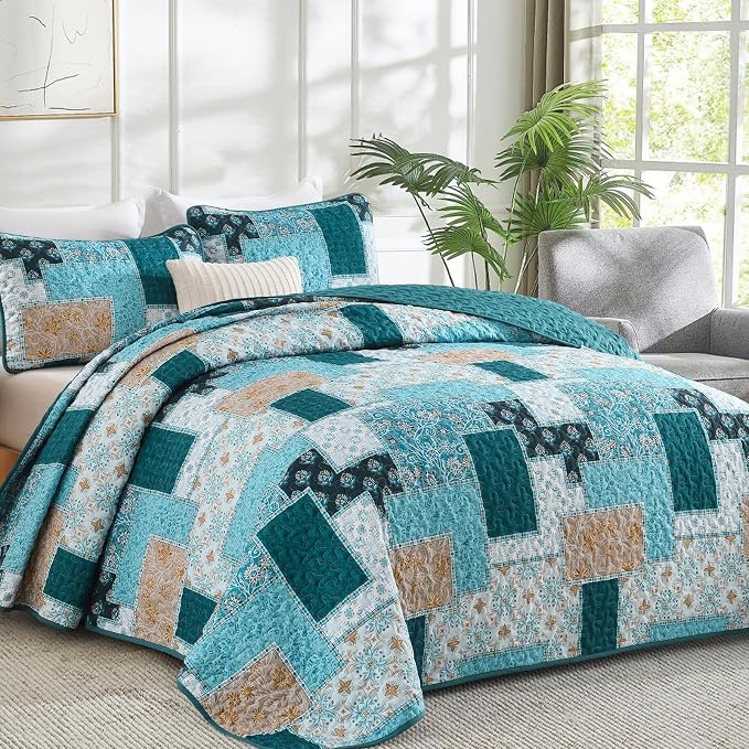 Xruibed Teal Quilt Set King Size 3 Pieces Plaid Floral Boho Bedspread Coverlet - Image 2
