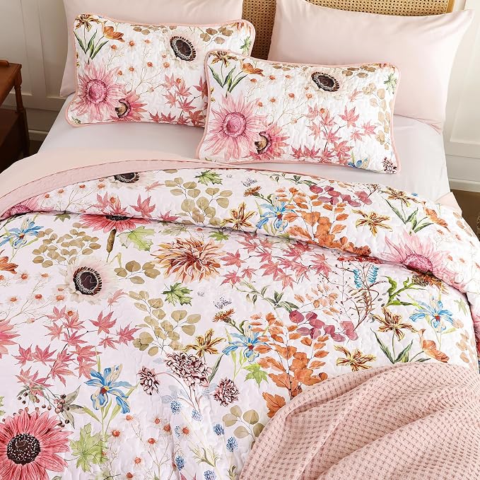 Yiran Pink Floral Quilts Queen Size, Sunflower Botanical Bedspread Bedding Set - Image 3