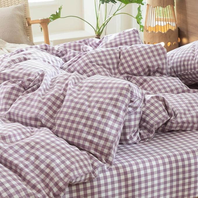 MooMee Gingham Duvet Cover Set 100% Washed Cotton Linen Like Textured - Image 9