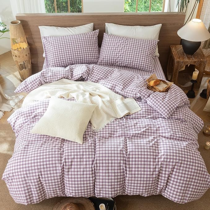 MooMee Gingham Duvet Cover Set 100% Washed Cotton Linen Like Textured - Image 5