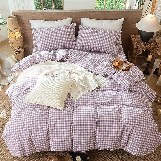 MooMee Gingham Duvet Cover Set 100% Washed Cotton Linen Like Textured - Image 5