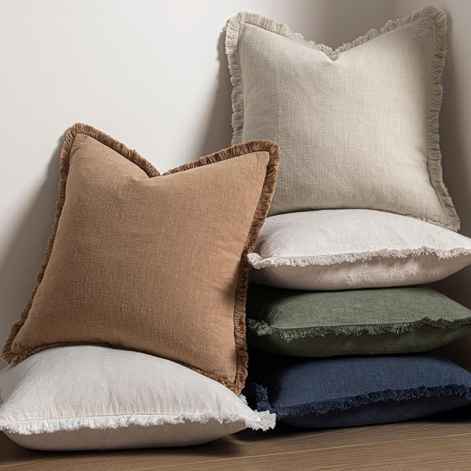 MIULEE Decorative Throw Pillow Covers Neutral Linen Fringe Throw Pillows Euro - Image 5