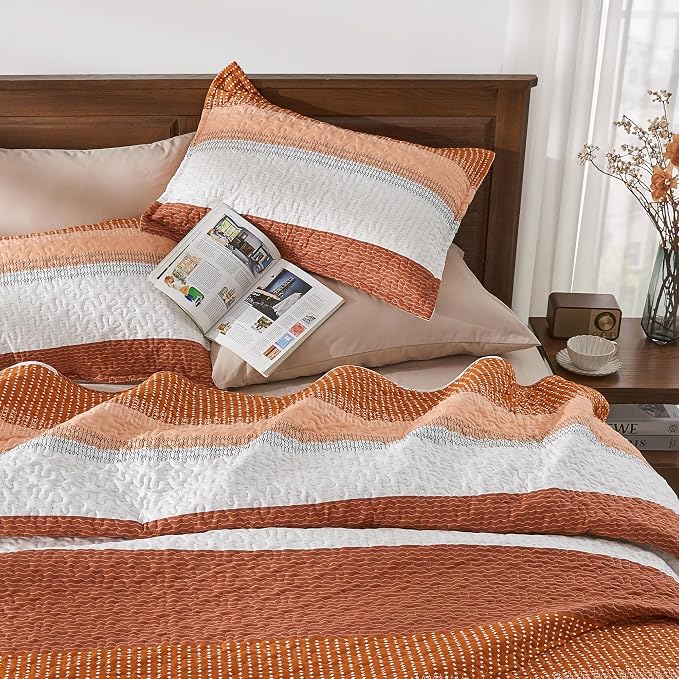Andency Orange Quilt King, 3 Pieces Patchwork Striped Bedspread Coverlet Set - Image 6