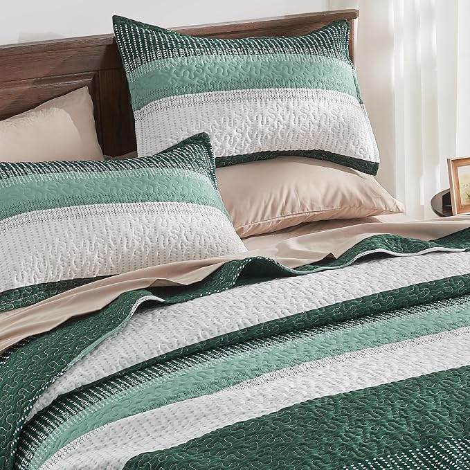 Andency Emerald Green Quilt Queen, 3 Pieces Patchwork Striped Bedspread - Image 3