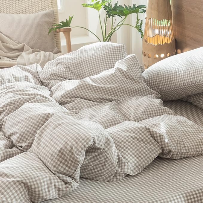 MooMee Gingham Duvet Cover Set 100% Washed Cotton Linen Like Textured - Image 9