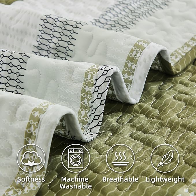 Andency Queen Quilt Bedding Set Olive, 3 Pieces Patchwork Olive Green Striped - Image 5
