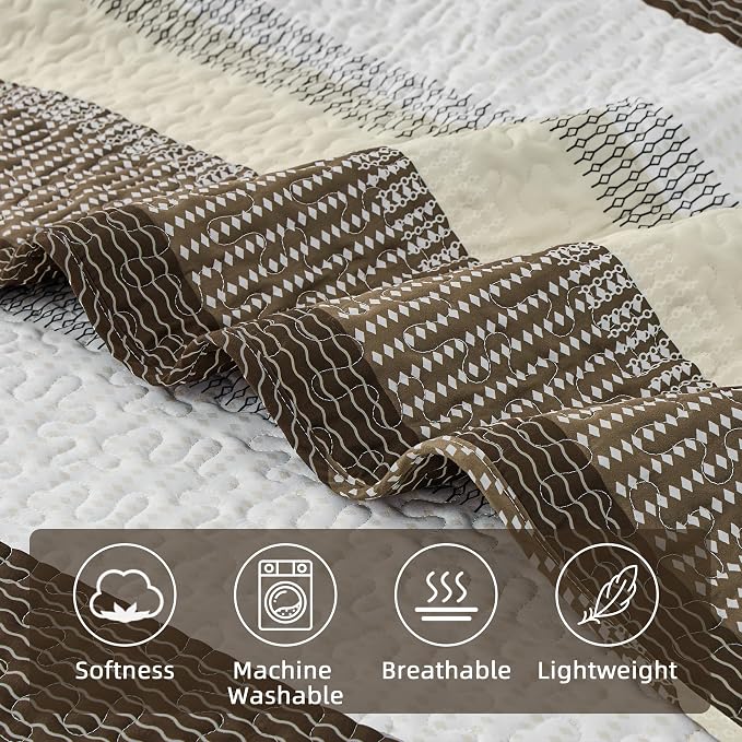 Andency Queen Quilt Bedding Set Mocha Brown, 3 Pieces Patchwork Summer Striped - Image 5