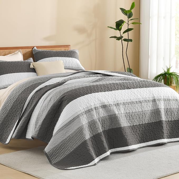 Litanika Quilt Queen Size Dark Grey, Stripe Patchwork Summer Bedspread Coverlet by Litanika