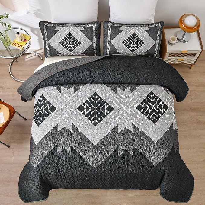 Dintszyayue Boho Quilt Set King Size 3 Pieces Black Grey Aztec Texture - Image 2