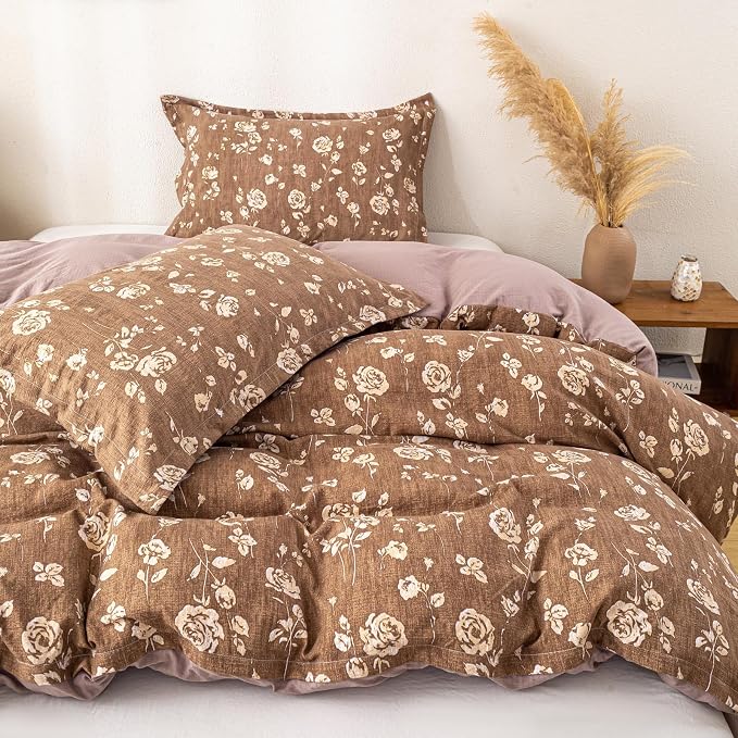 OAITE Brown Flower King Size Duvet Cover-3 Pieces Prewashed Cotton-Like - Image 2