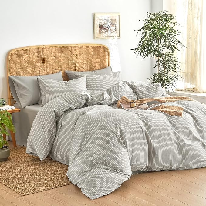 Wake In Cloud - Striped Cotton Duvet Cover Set, 100% Washed Cotton Textured - Image 3