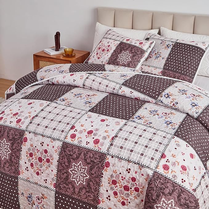 Patchwork Quilt Set Full/Queen Size, 3 Pieces Brown Floral Plaid Summer - Image 4