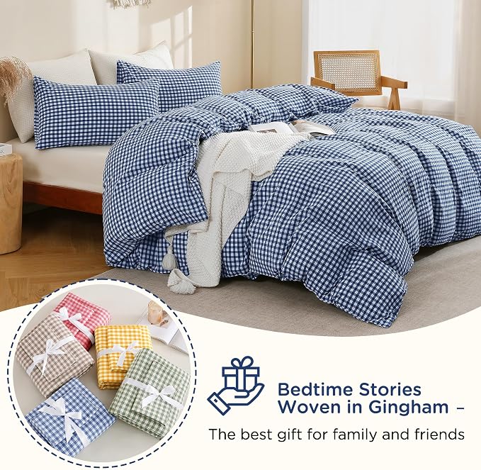 TOCOMOA Navy Blue Gingham Duvet Cover Bedding Set 100% Washed Cotton Like Linen - Image 7