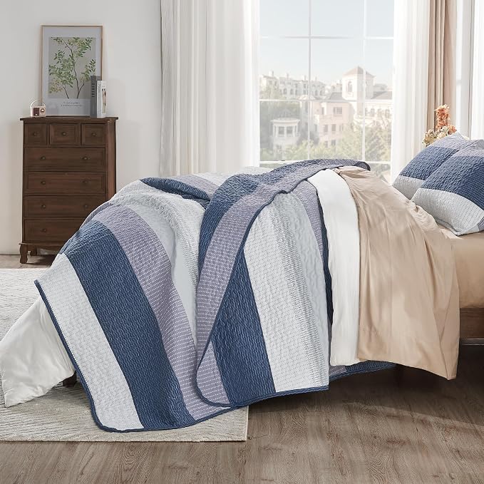 Andency Queen Quilt Bedding Set Mineral Blue, 3 Pieces Patchwork Summer Striped - Image 3