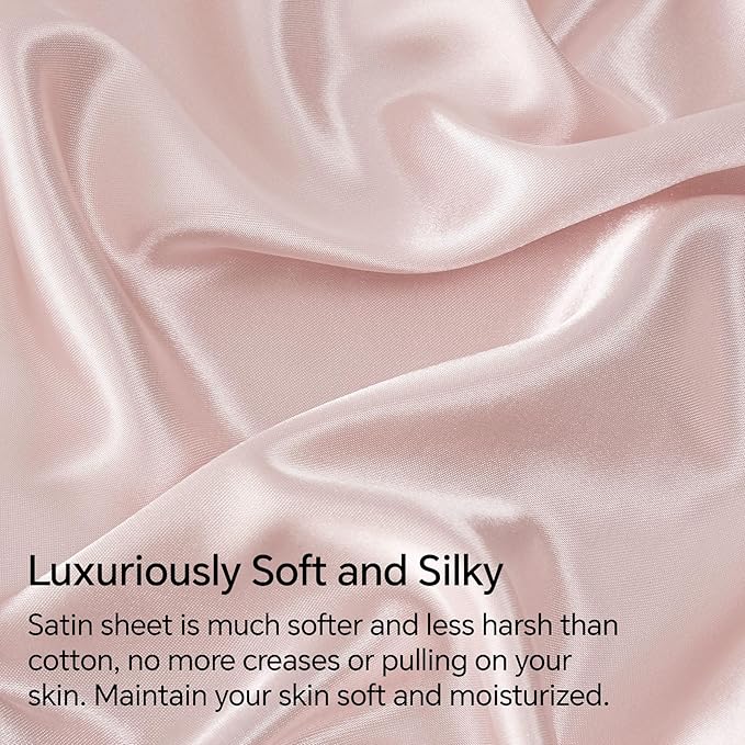 BEDELITE California King Sheets Set, Luxury Soft Pink Satin Sheets - Image 3