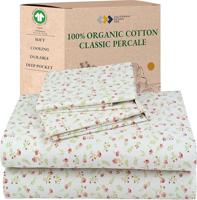 California Design Den Queen Sheet Set Floral, 100% Organic Cotton Percale Sheets by CaliforniaDesignDen