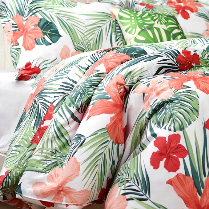 FADFAY Hawaiian Style Red Hibiscus Palm Leaves Tropical Duvet Cover Set Summer - Image 3