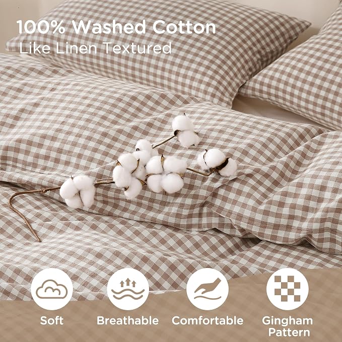 TOCOMOA Tan Gingham Duvet Cover Bedding Set 100% Washed Cotton Like Linen Feel - Image 5