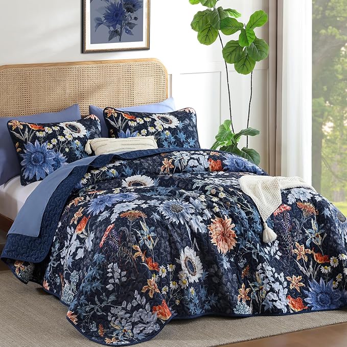 Yiran Navy Blue Sunflower Floral Quilts Queen Size, Botanical Fall Bedspread - Image 2