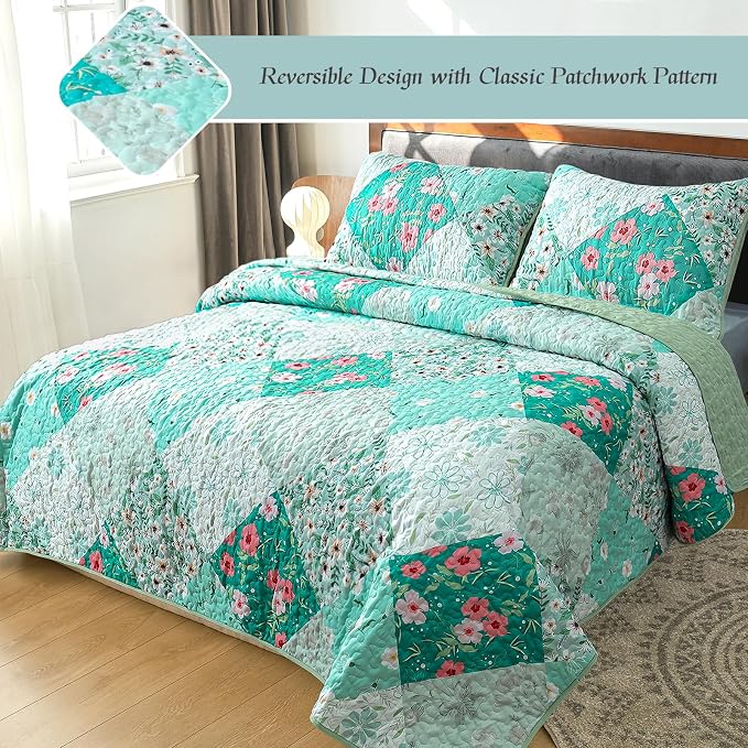 Whale Flotilla Patchwork Quilts Queen Size, Extra Soft Boho Floral Bedspreads - Image 2