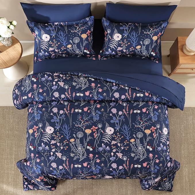 Yiran Queen Comforter Set, 7 Pieces Navy Blue Floral Soft Bedding Sets - Image 3