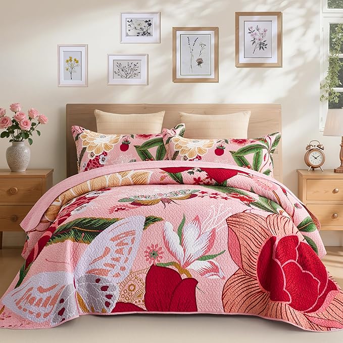 Tyrot 3 Piece Pink Boho Floral King Size Quilt Sets Farmhouse Botanical by TyrotHomeDecor