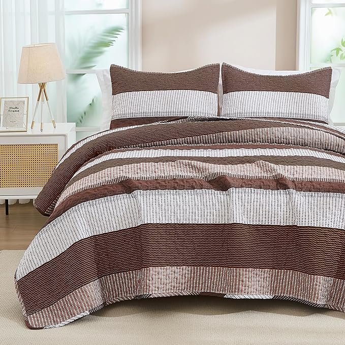 Andency King Size Quilt Set Brown, 3 Pieces Coffee Ultra Soft Lightweight by Andency