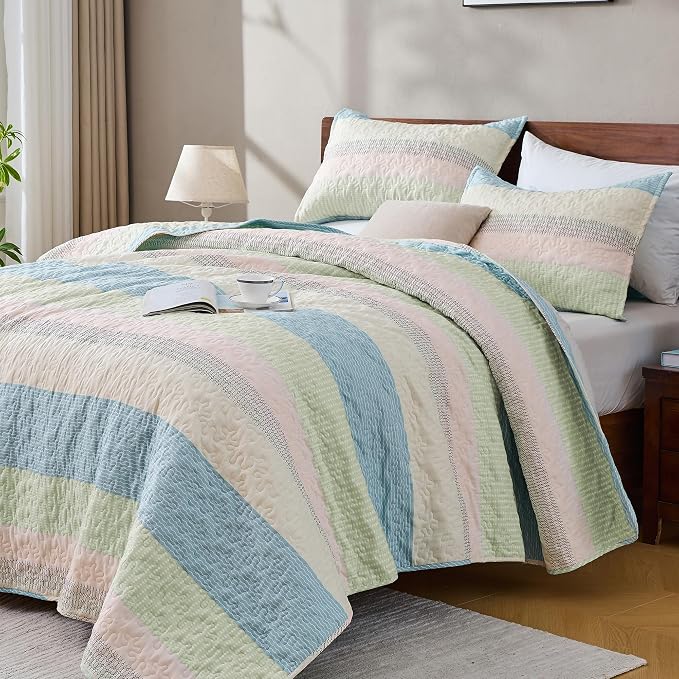 Andency King Size Quilt Set Blue Pink, 3 Pieces Summer Ultra Soft Lightweight by Andency