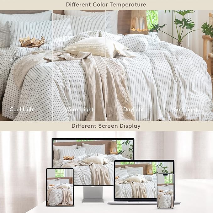 MooMee Striped Duvet Cover Set 100% Washed Cotton Linen Like Textured - Image 7