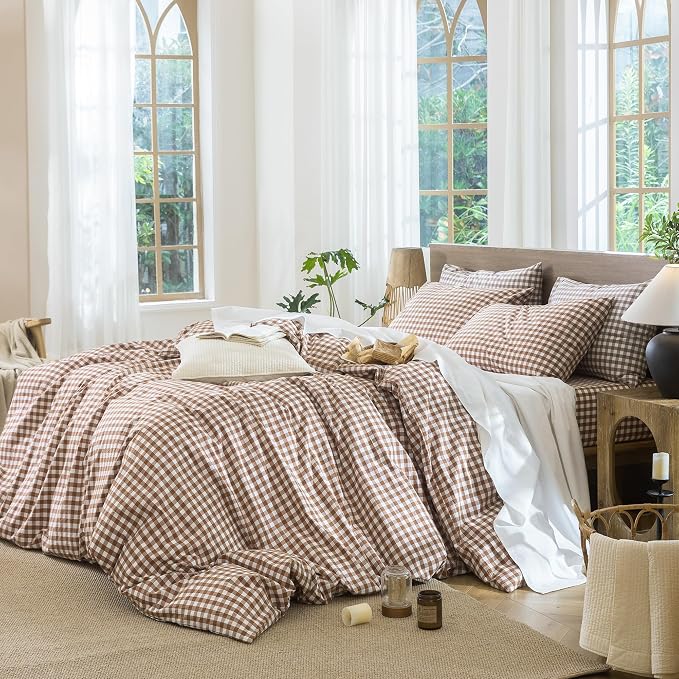 MooMee Gingham Duvet Cover Set 100% Washed Cotton Linen Like Textured - Image 3
