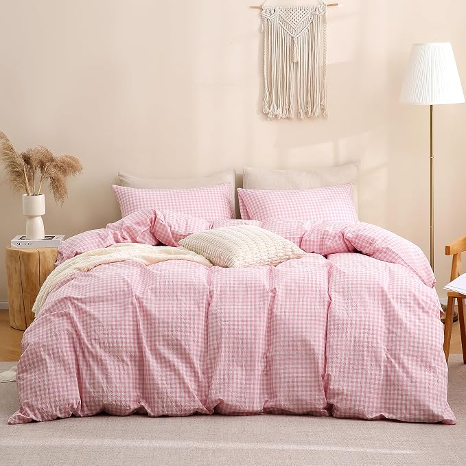 TOCOMOA Pink Gingham Duvet Cover Bedding Set 100% Washed Cotton Like Linen Feel - Image 3
