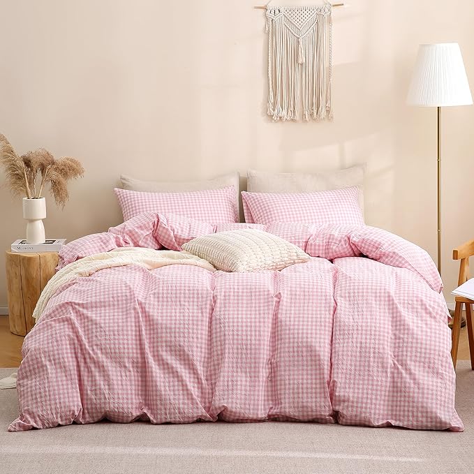 TOCOMOA Pink Gingham Duvet Cover Bedding Set 100% Washed Cotton Like Linen Feel - Image 3