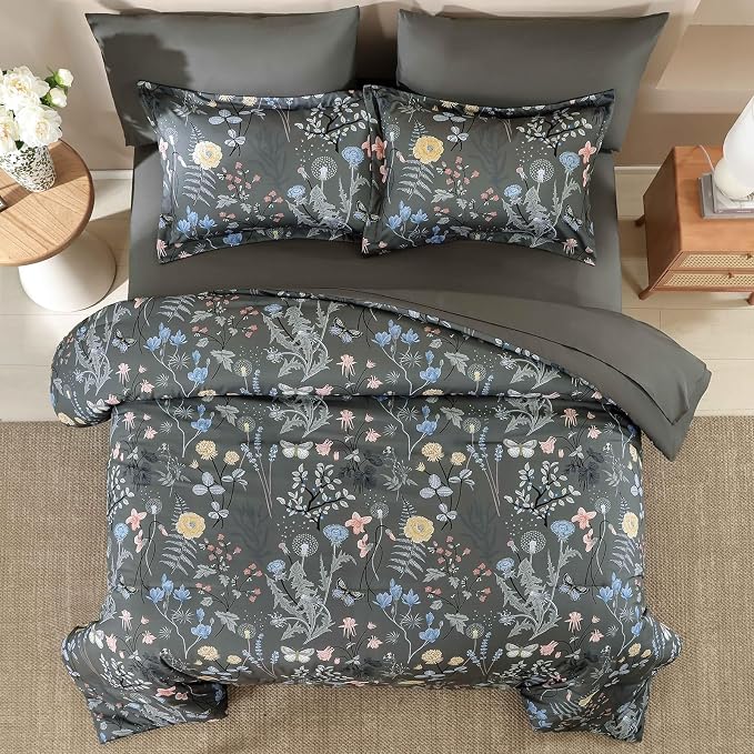 Yiran 7 Piece Grey Floral Comforter Set King Size, Botanical Flowers Bed in a - Image 3