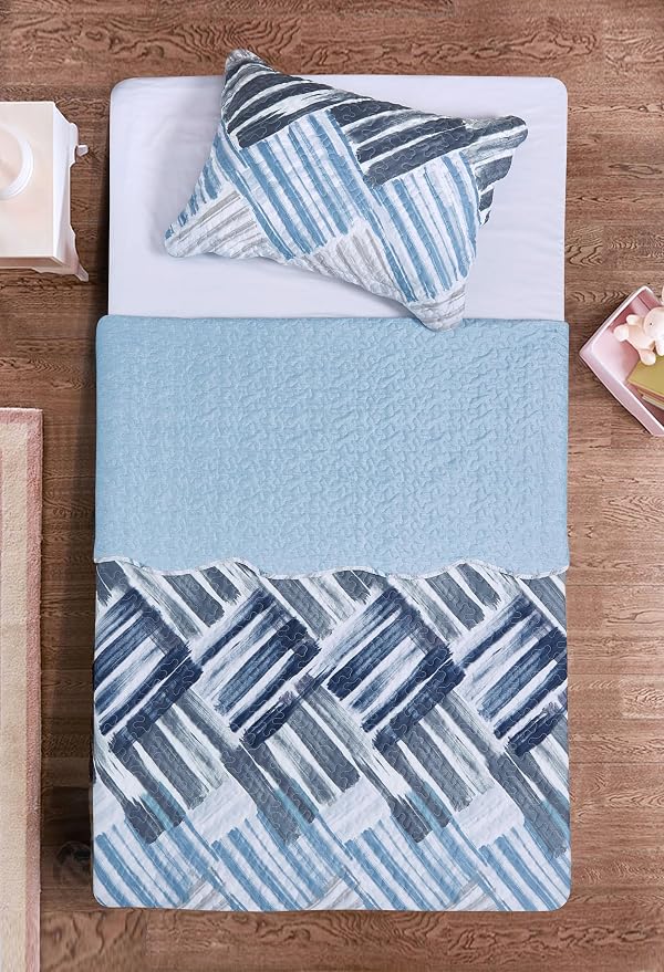 Brilliant Sunshine Blue and Grey Stripe Blocks Patchwork, 2-Piece Quilt Set - Image 6
